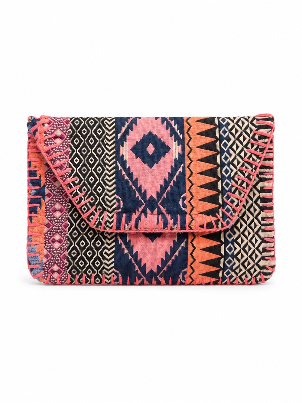 Aztec Woven Envelope Clutch - Pink & Navy